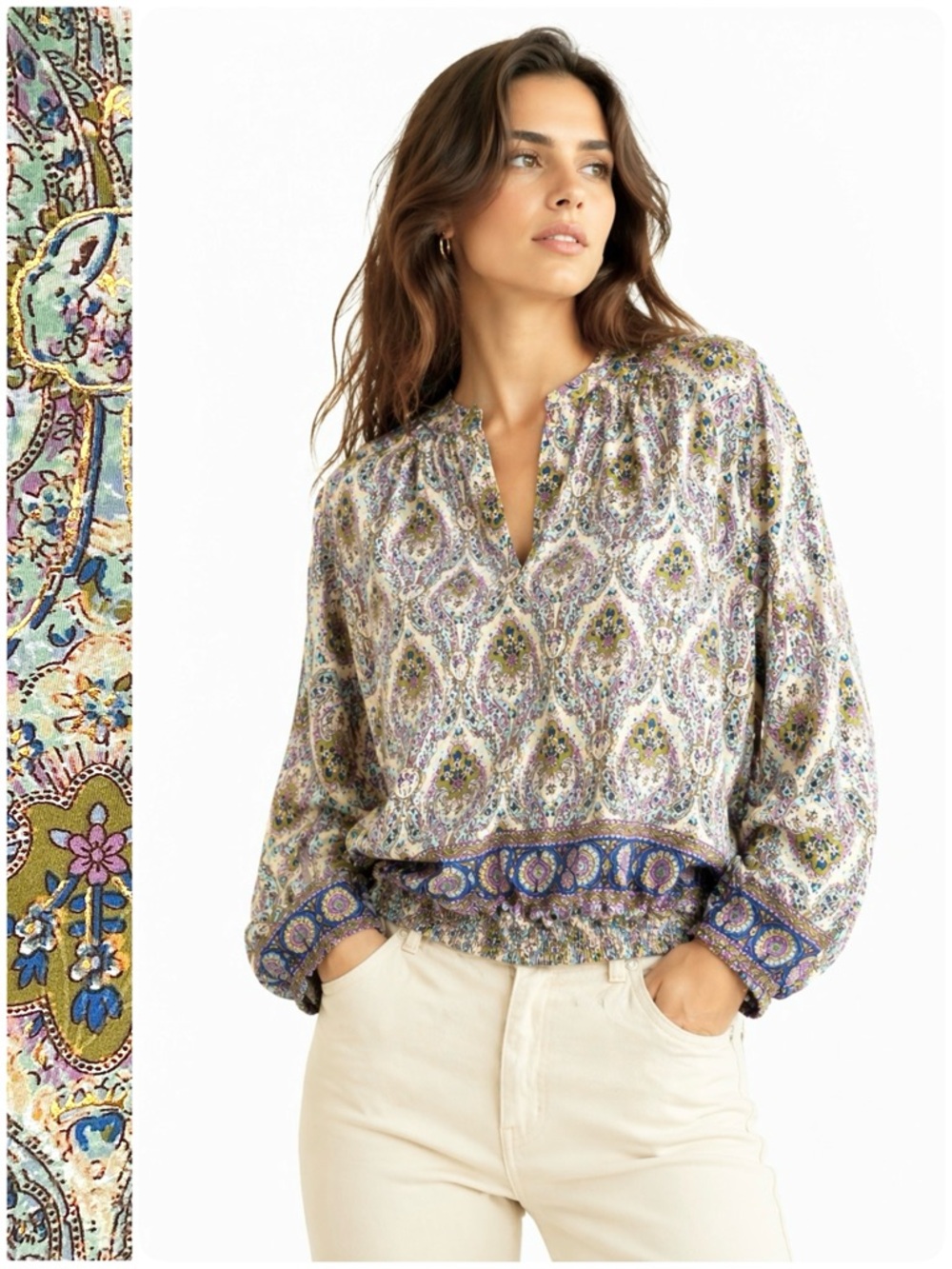 Cienna Silk Blend Paisley Print Blouse Elasticized Waist V-Neck Long Sleeve